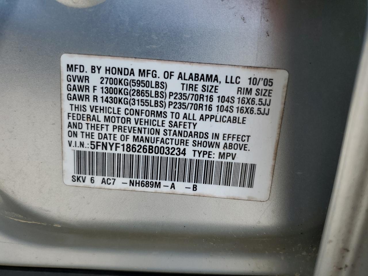 2006 Honda Pilot Ex VIN: 5FNYF18626B003234 Lot: 70258525