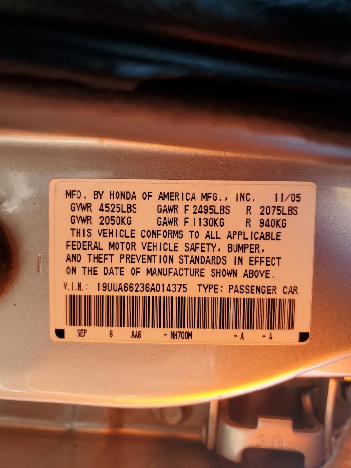 2006 Acura 3.2Tl VIN: 19UUA66236A014375 Lot: 70707935