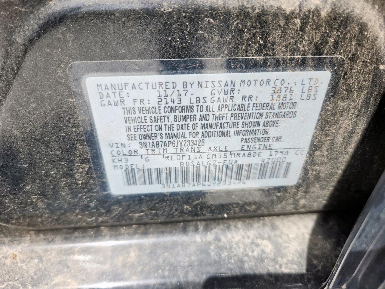 2018 Nissan Sentra S VIN: 3N1AB7AP6JY233426 Lot: 69323115