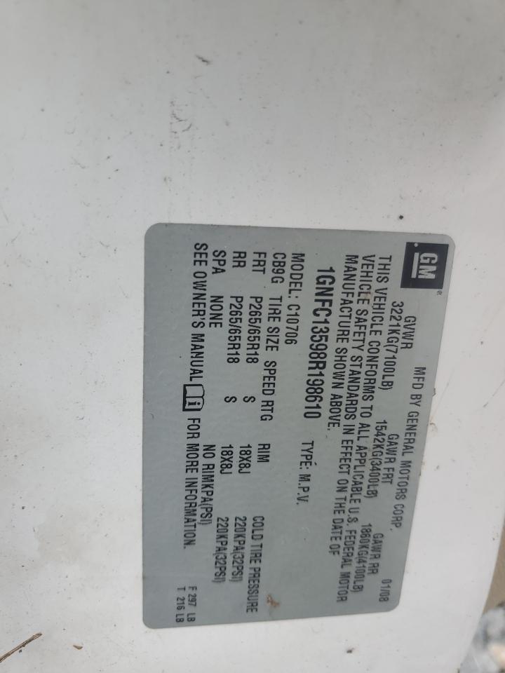 2008 Chevrolet Tahoe C1500 Hybrid VIN: 1GNFC13598R198610 Lot: 69704295