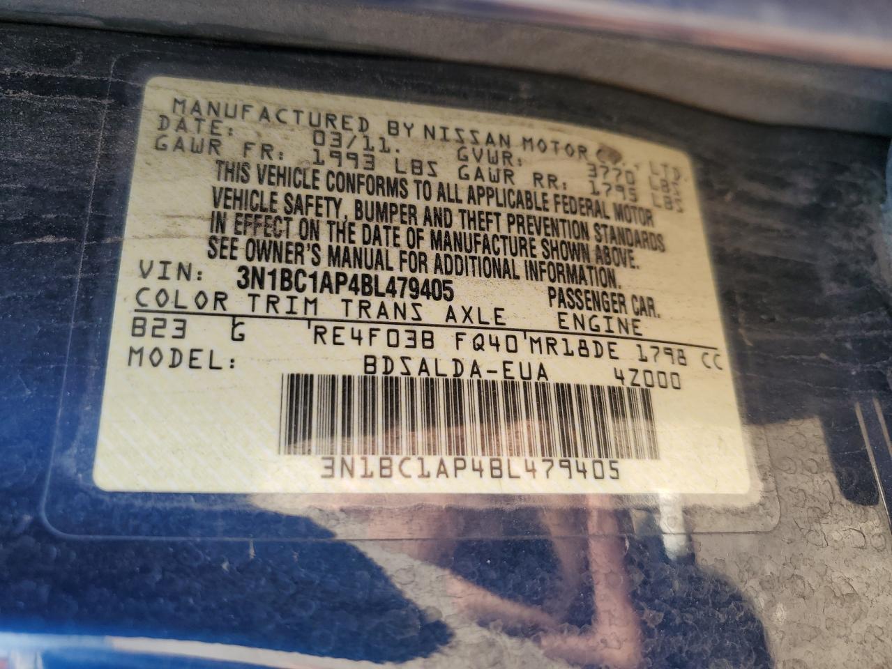 2011 Nissan Versa S VIN: 3N1BC1AP4BL479405 Lot: 70076395