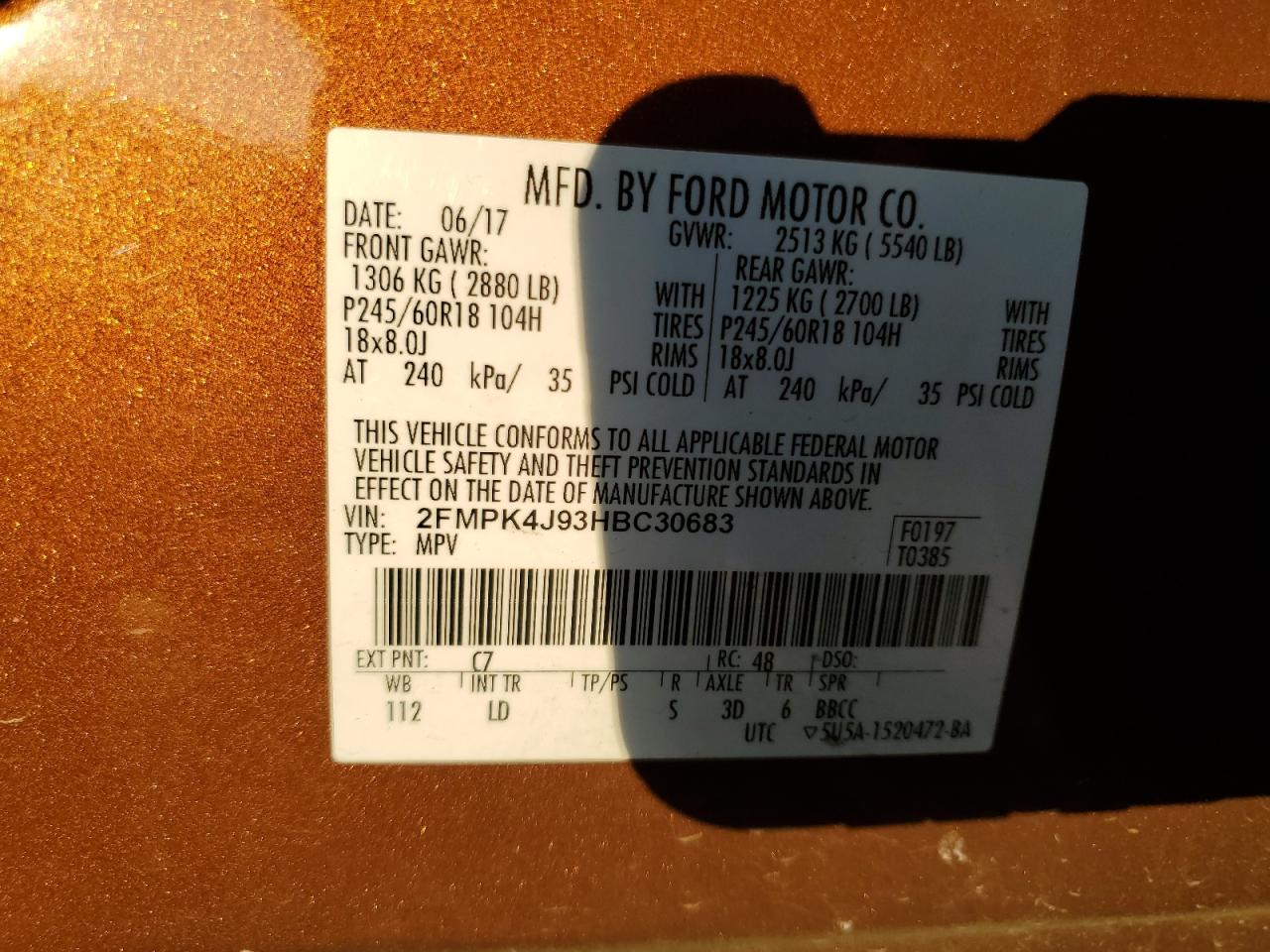 2017 Ford Edge Sel VIN: 2FMPK4J93HBC30683 Lot: 69184225