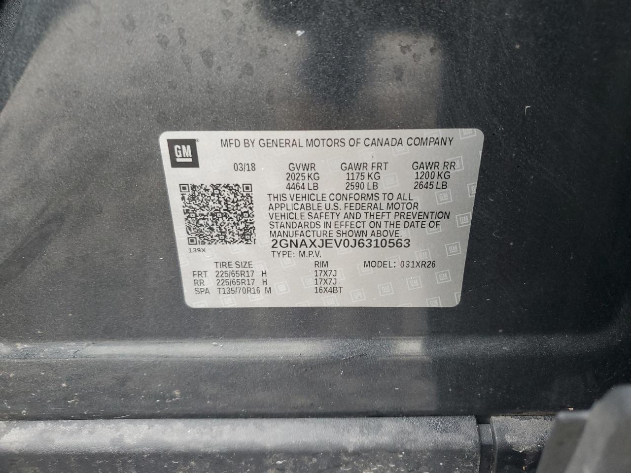 2018 Chevrolet Equinox Lt VIN: 2GNAXJEV0J6310563 Lot: 69462735