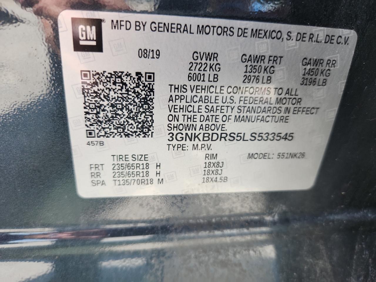 2020 Chevrolet Blazer 3Lt VIN: 3GNKBDRS5LS533545 Lot: 70039905