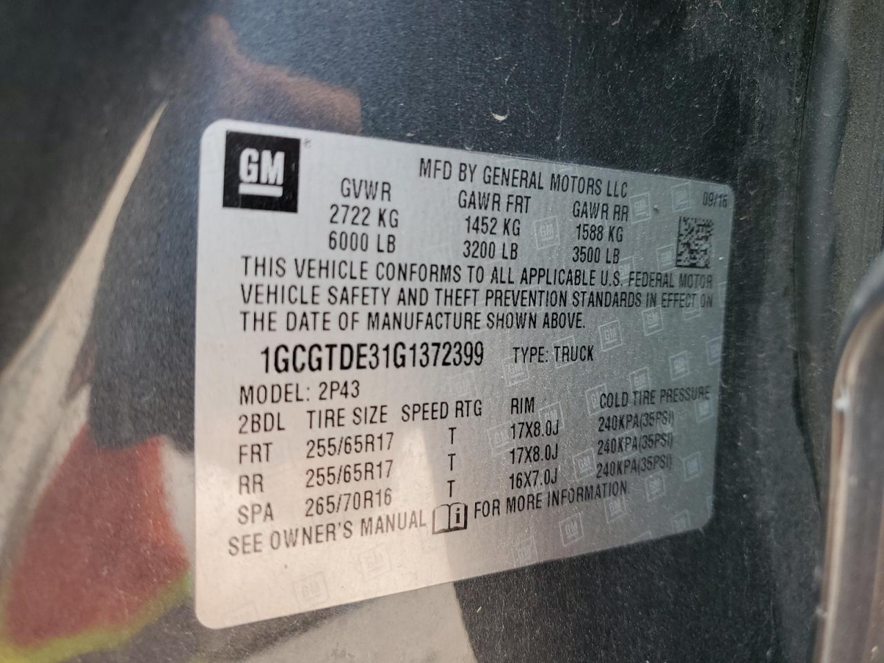 2016 Chevrolet Colorado Z71 VIN: 1GCGTDE31G1372399 Lot: 66571635