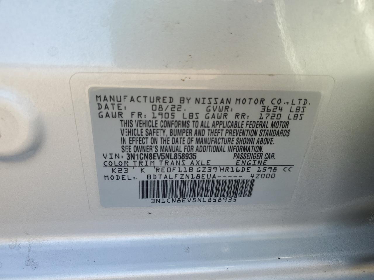 2022 Nissan Versa Sv VIN: 3N1CN8EV5NL858935 Lot: 91491765