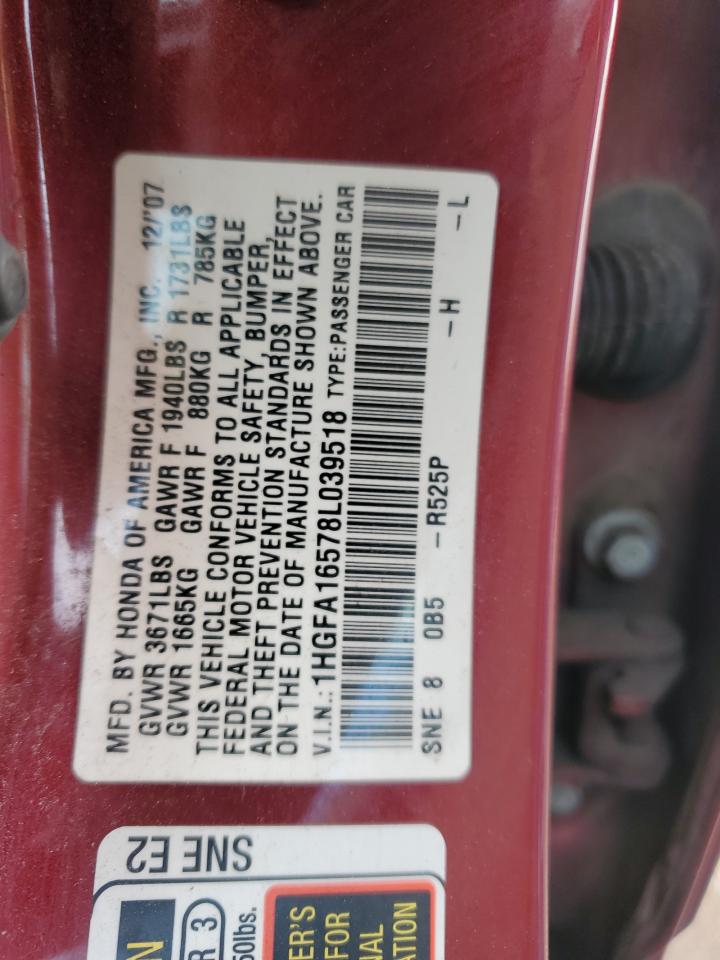 2008 Honda Civic Lx VIN: 1HGFA16578L039518 Lot: 70019385
