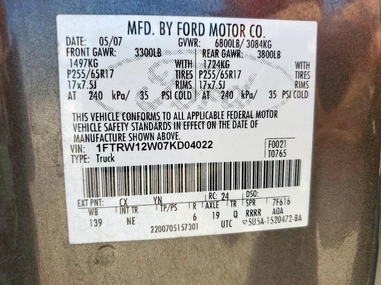 2007 Ford F150 Supercrew VIN: 1FTRW12W07KD04022 Lot: 69178755