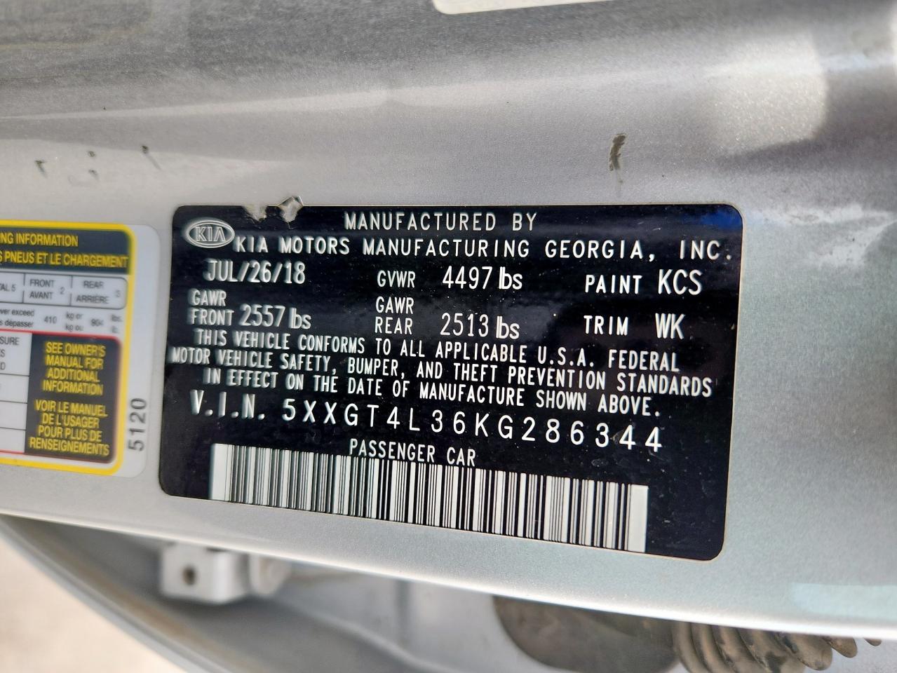 2019 Kia Optima Lx VIN: 5XXGT4L36KG286344 Lot: 68547095