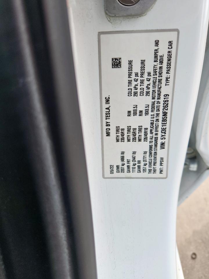 2022 Tesla Model 3 VIN: 5YJ3E1EB5NF262619 Lot: 70708105