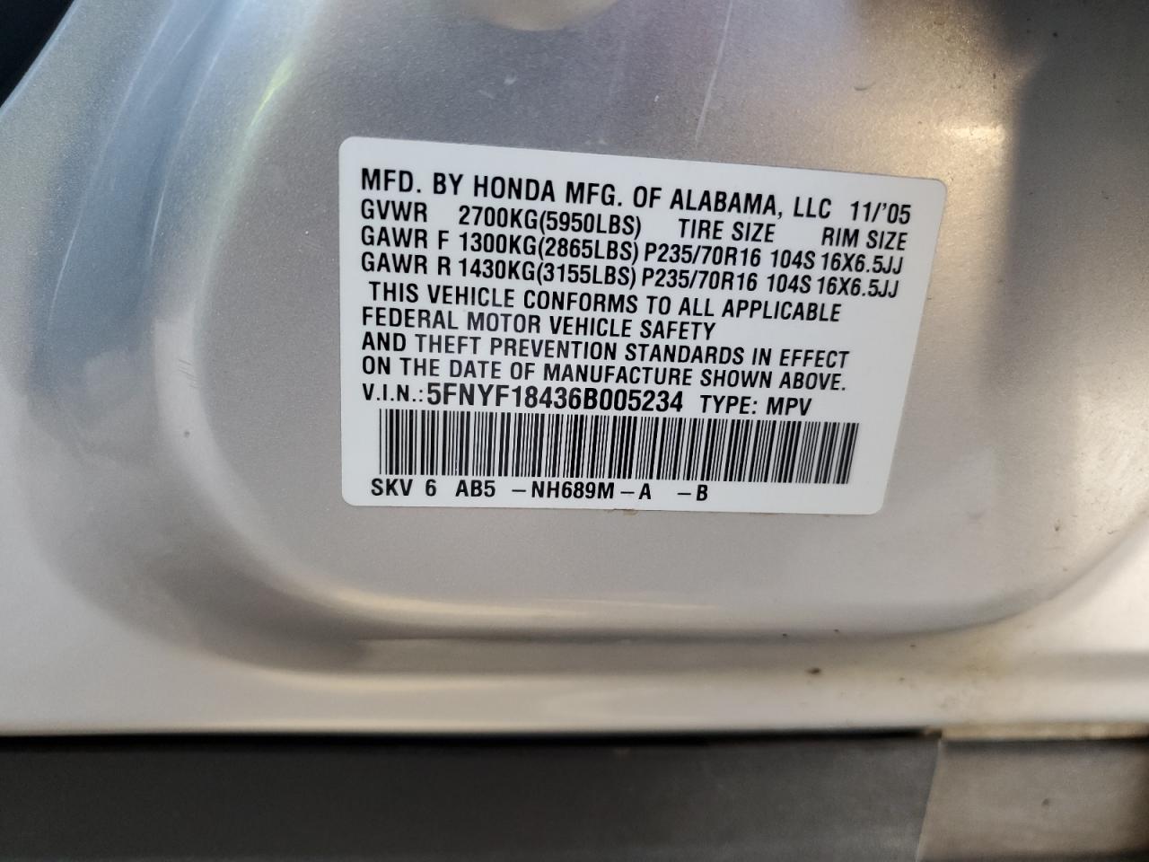 2006 Honda Pilot Ex VIN: 5FNYF18436B005234 Lot: 68046215