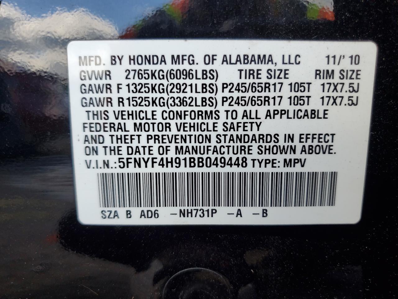 2011 Honda Pilot Touring VIN: 5FNYF4H91BB049448 Lot: 70707135