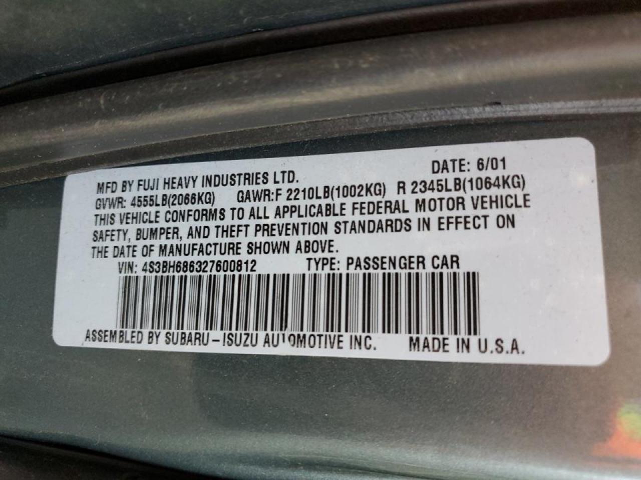 2002 Subaru Legacy Outback Limited VIN: 4S3BH686327600812 Lot: 68363885