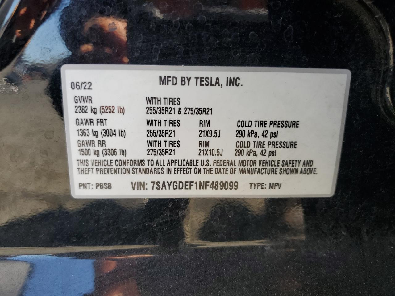 2022 Tesla Model Y VIN: 7SAYGDEF1NF489099 Lot: 69261255