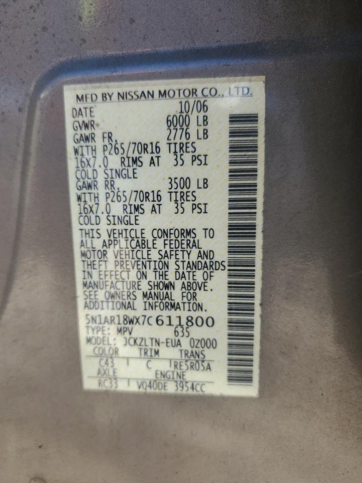 2007 Nissan Pathfinder Le VIN: 5N1AR18WX7C611800 Lot: 70423515