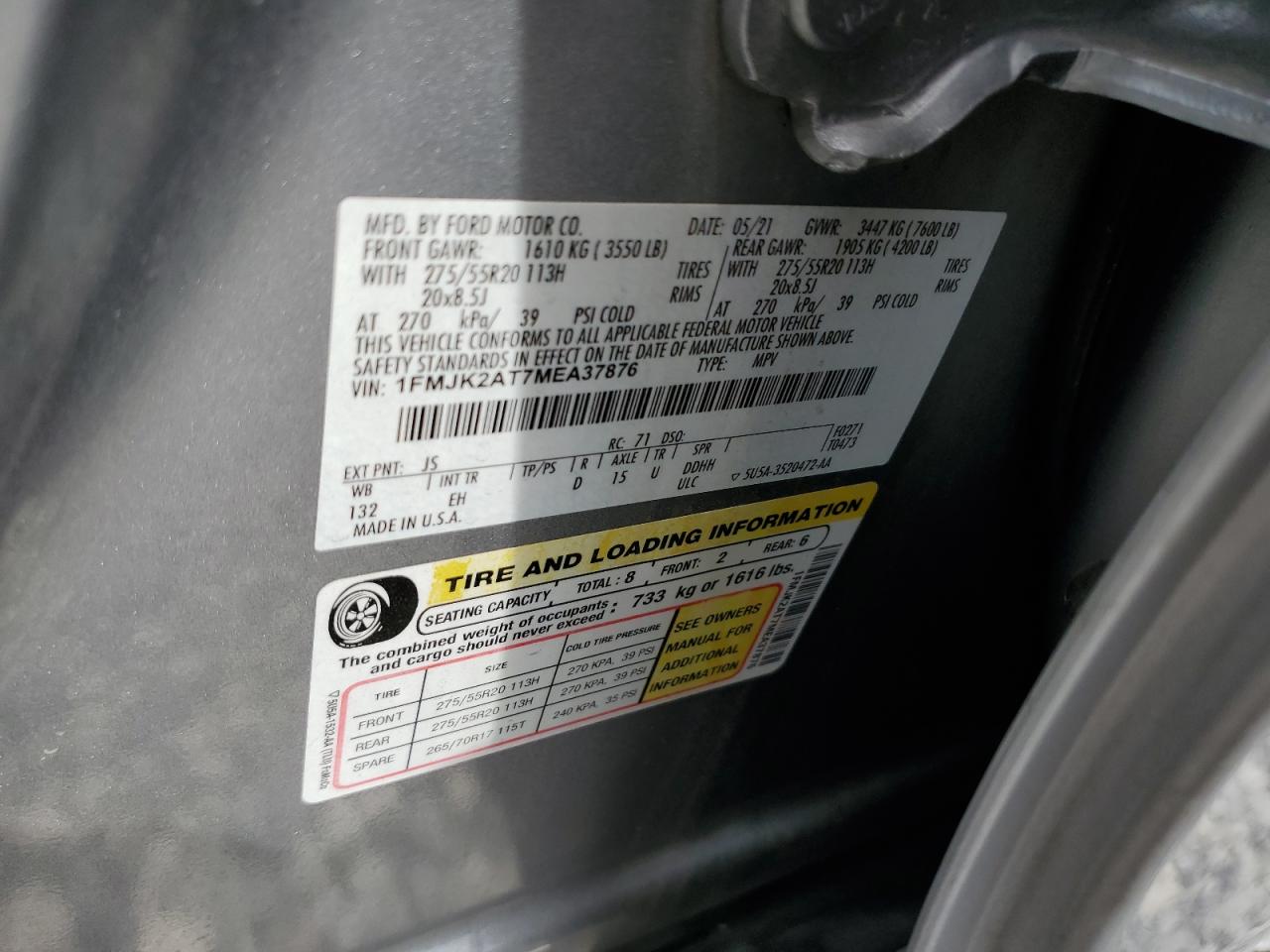 2021 Ford Expedition Max Limited VIN: 1FMJK2AT7MEA37876 Lot: 70440255