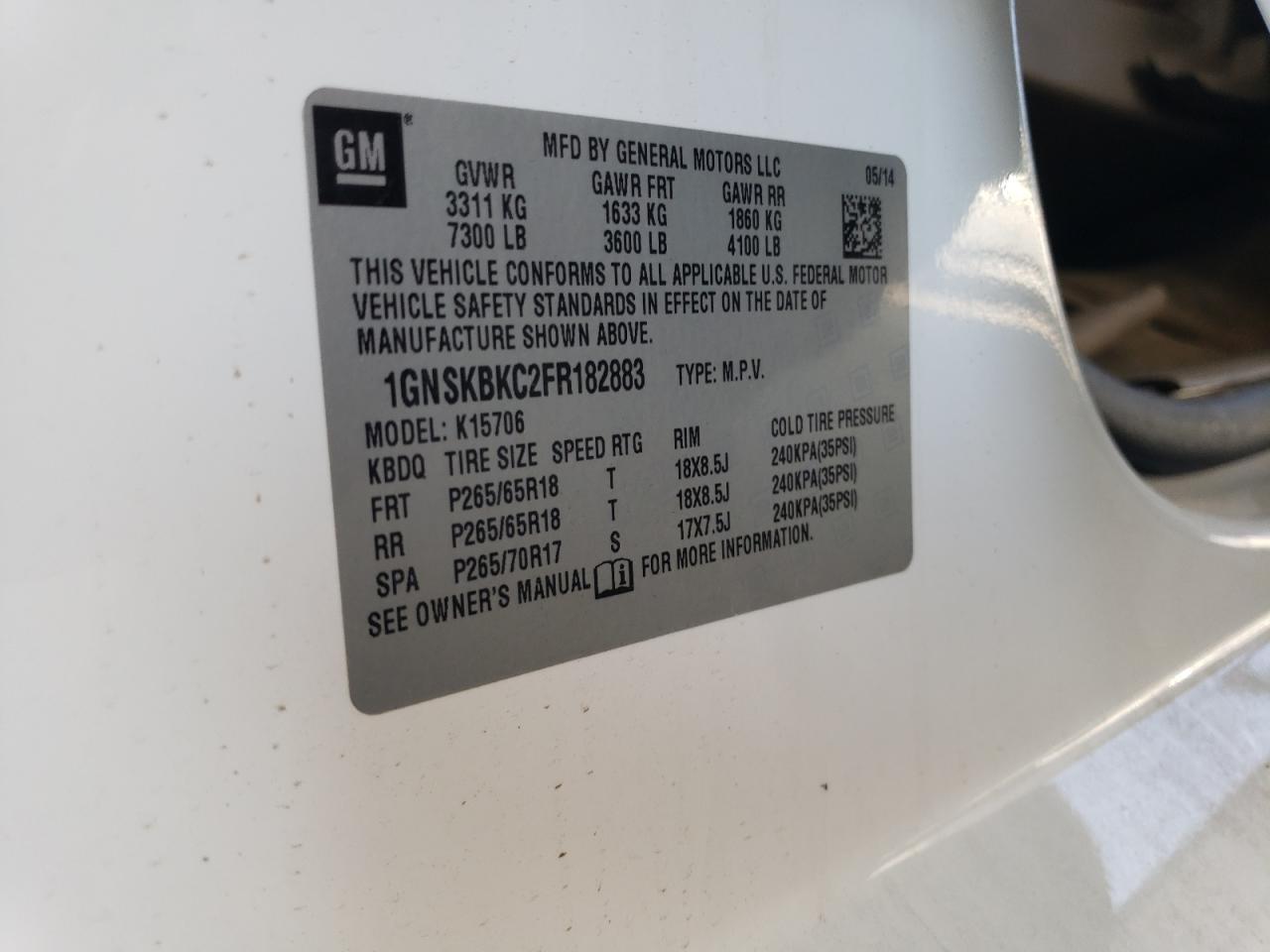 2015 Chevrolet Tahoe K1500 Lt VIN: 1GNSKBKC2FR182883 Lot: 70604715