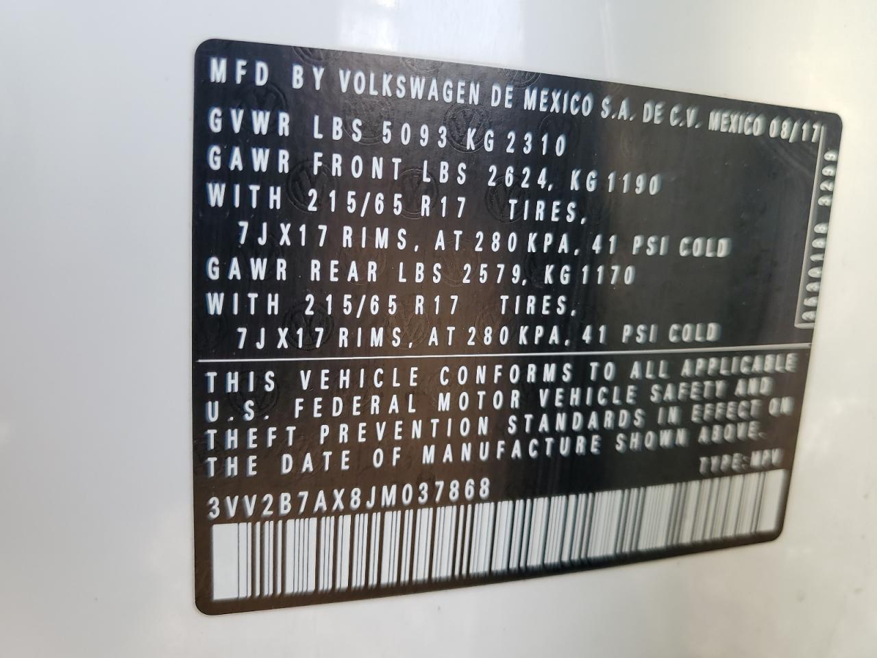 2018 Volkswagen Tiguan Se VIN: 3VV2B7AX8JM037868 Lot: 68574125