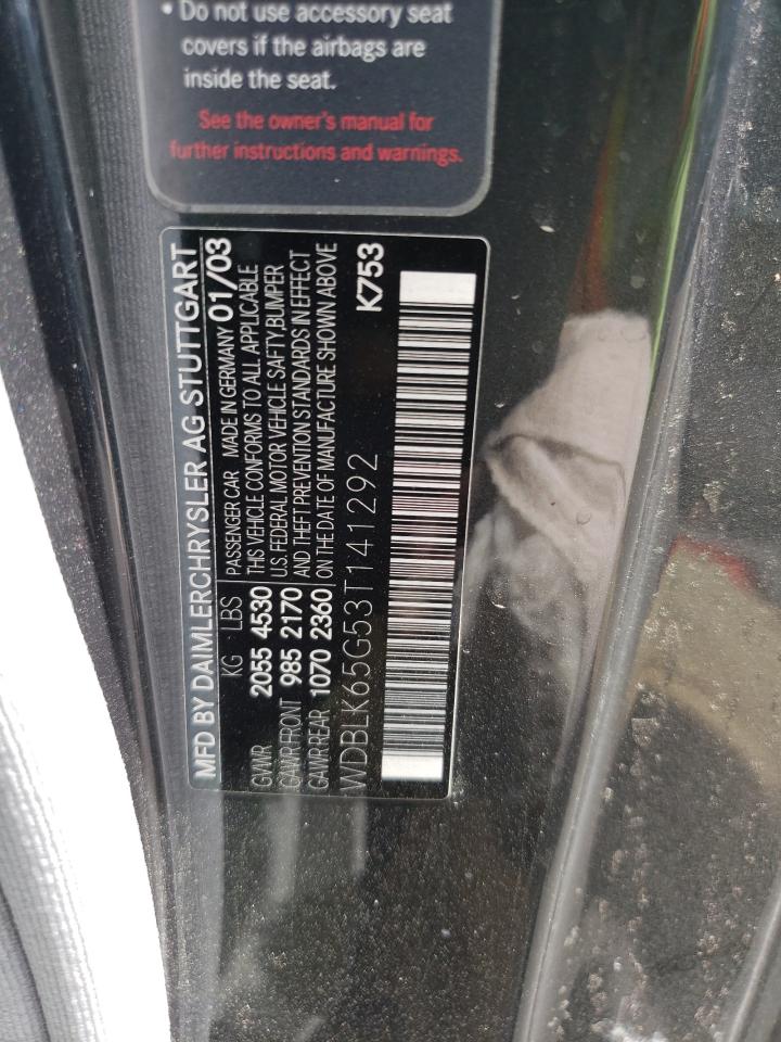 2003 Mercedes-Benz Clk 320 VIN: WDBLK65G53T141292 Lot: 70351815