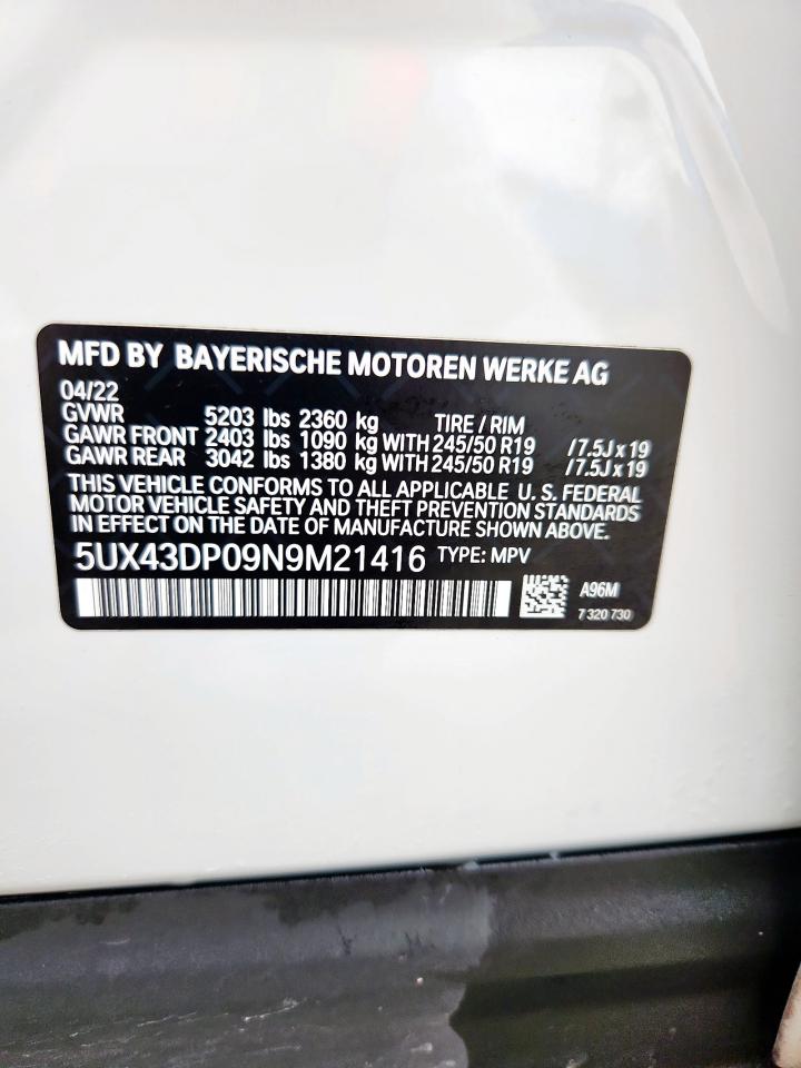 2022 BMW X3 Sdrive30I VIN: 5UX43DP09N9M21416 Lot: 70476405