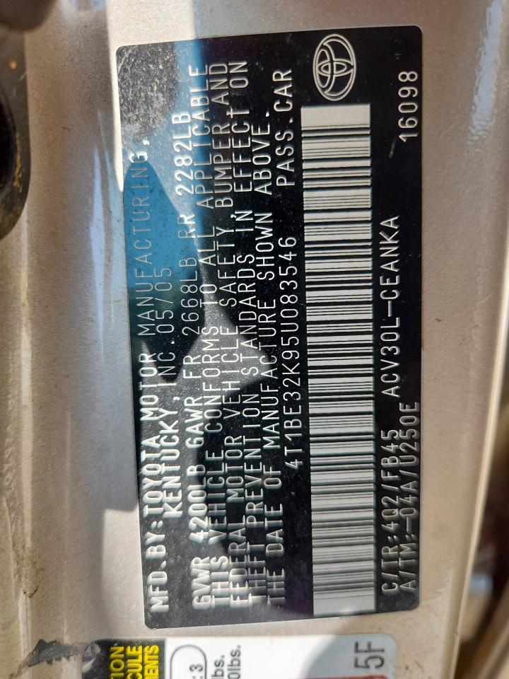 2005 Toyota Camry Le VIN: 4T1BE32K95U083546 Lot: 70894595