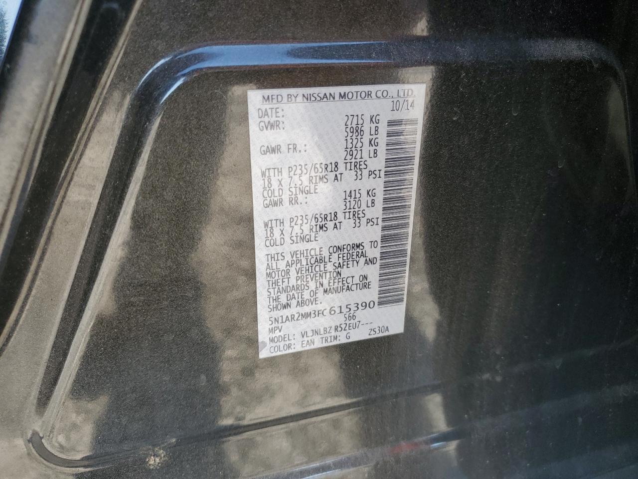 2015 Nissan Pathfinder S VIN: 5N1AR2MM3FC615390 Lot: 68871035