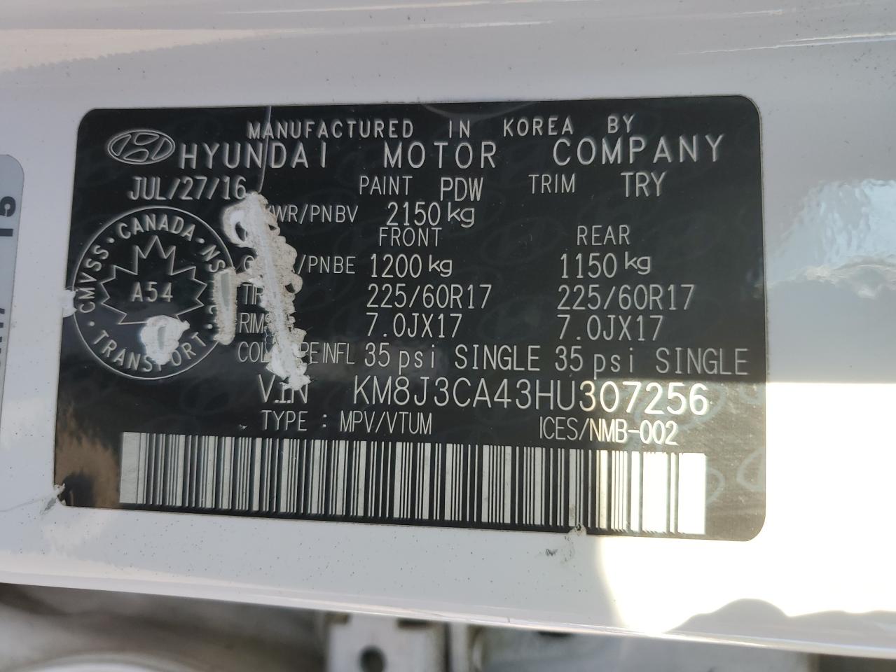 2017 Hyundai Tucson Limited VIN: KM8J3CA43HU307256 Lot: 70138095