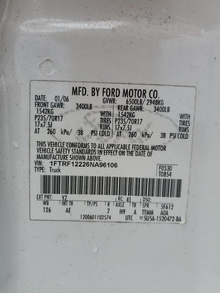 2006 Ford F150 VIN: 1FTRF12226NA96106 Lot: 66901605