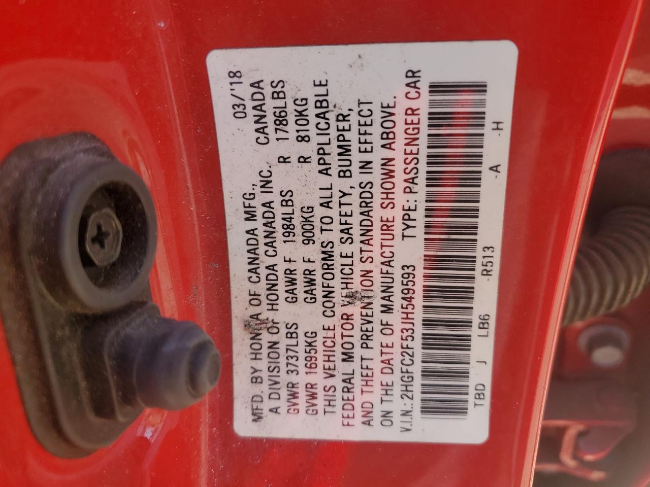 2018 Honda Civic Lx VIN: 2HGFC2F53JH549593 Lot: 67845565