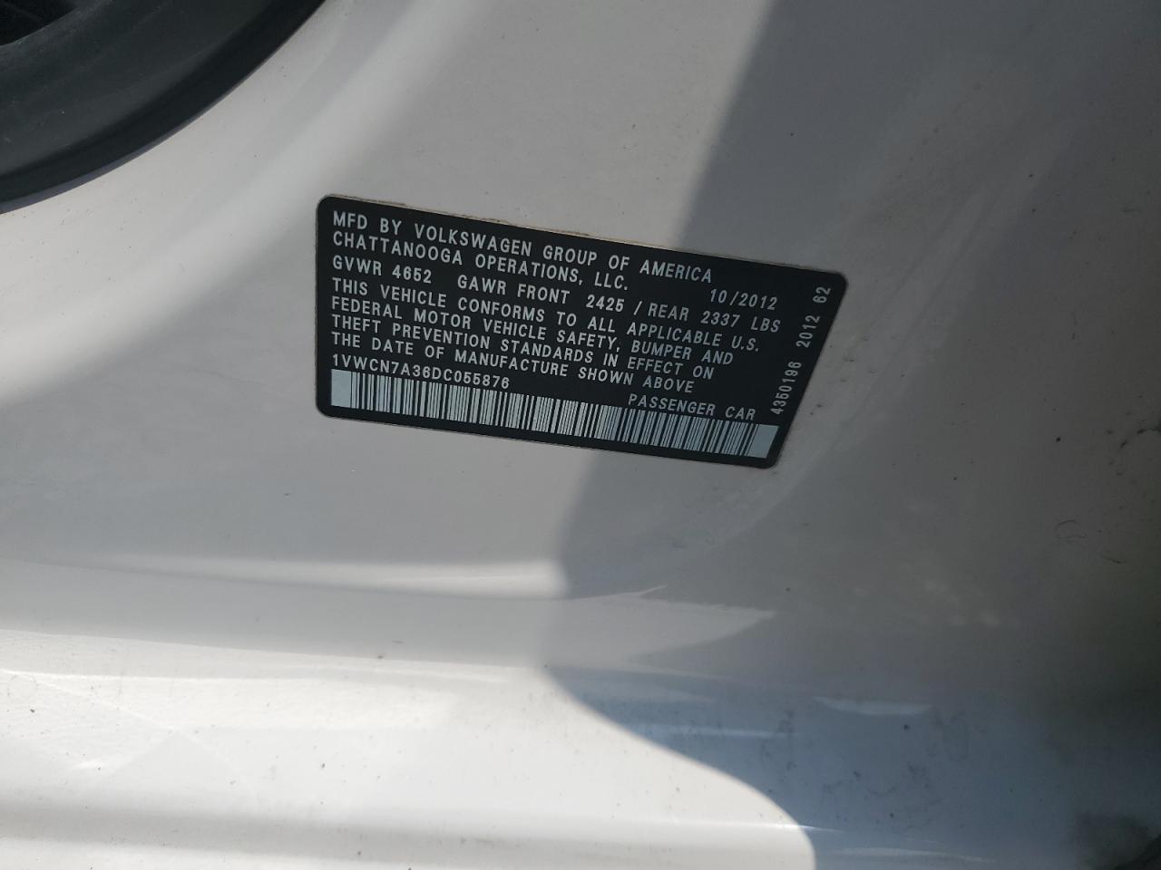 2013 Volkswagen Passat Sel VIN: 1VWCN7A36DC055876 Lot: 69603905