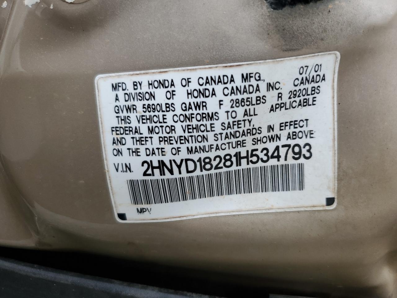 2001 Acura Mdx VIN: 2HNYD18281H534793 Lot: 70329345