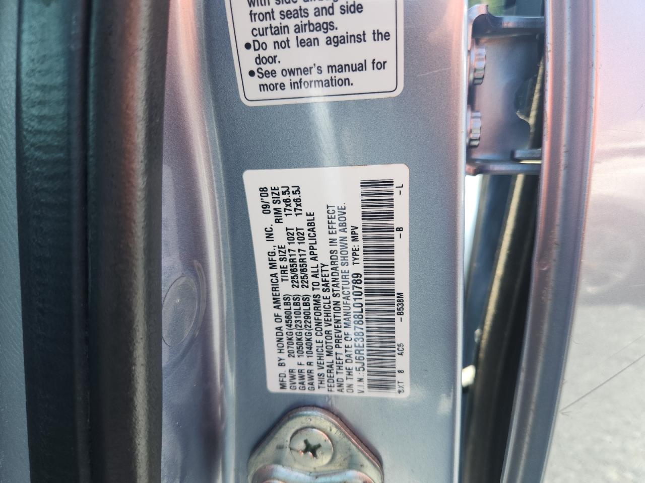 2008 Honda Cr-V Exl VIN: 5J6RE38788L010789 Lot: 69170165