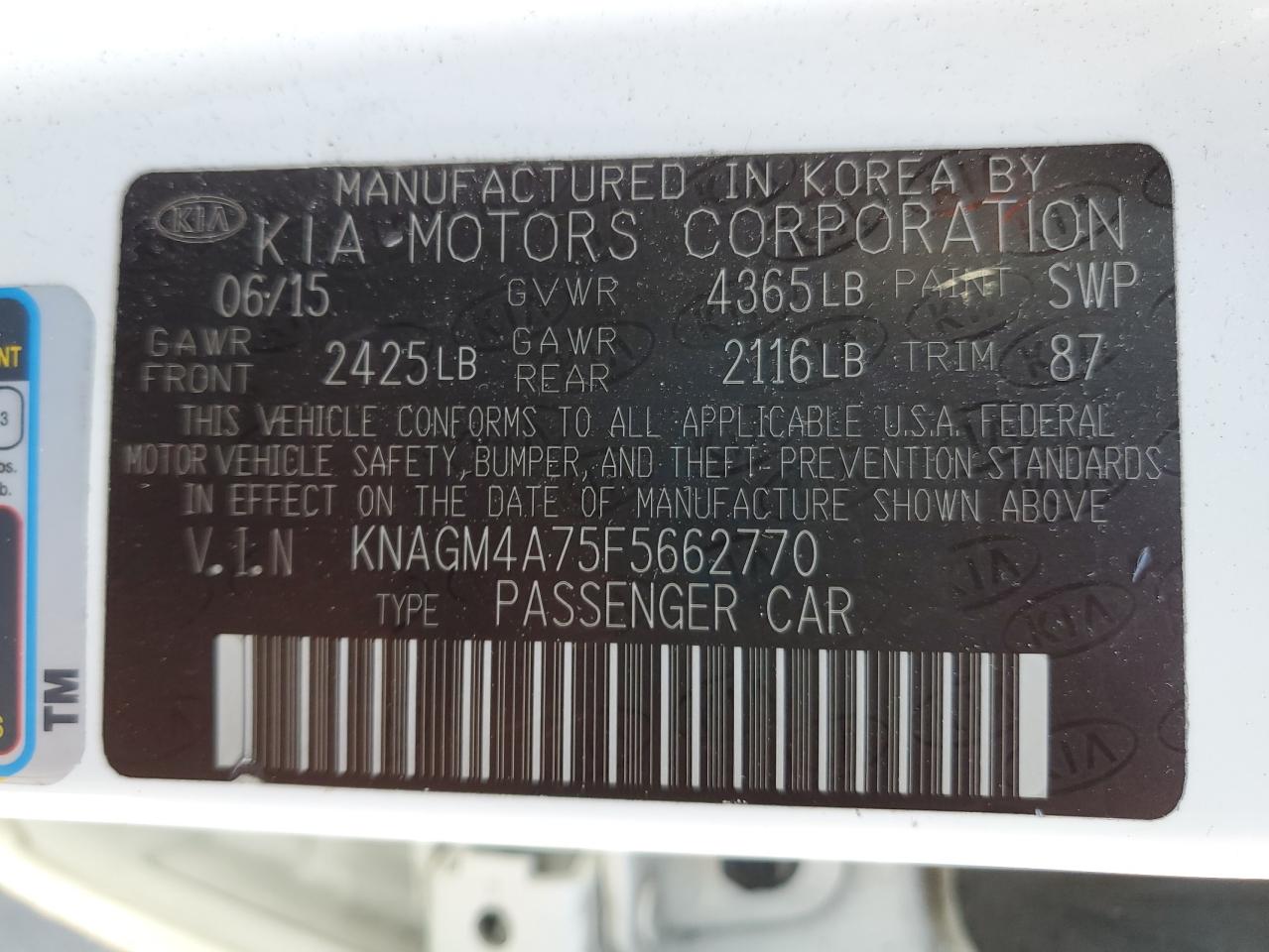 2015 Kia Optima Lx VIN: KNAGM4A75F5662770 Lot: 70351775