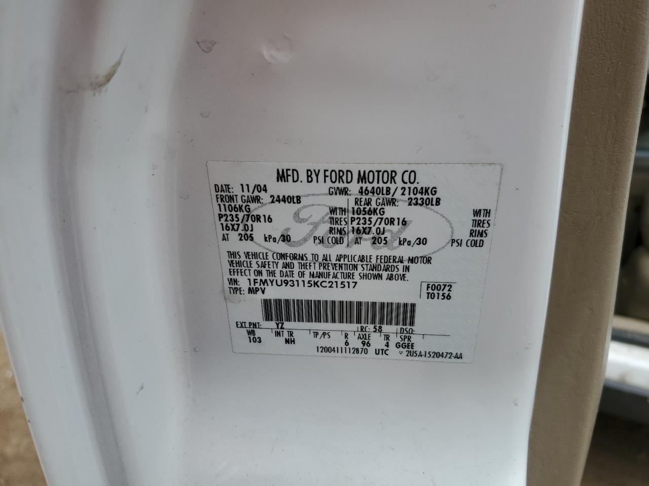 2005 Ford Escape Xlt VIN: 1FMYU93115KC21517 Lot: 68226135