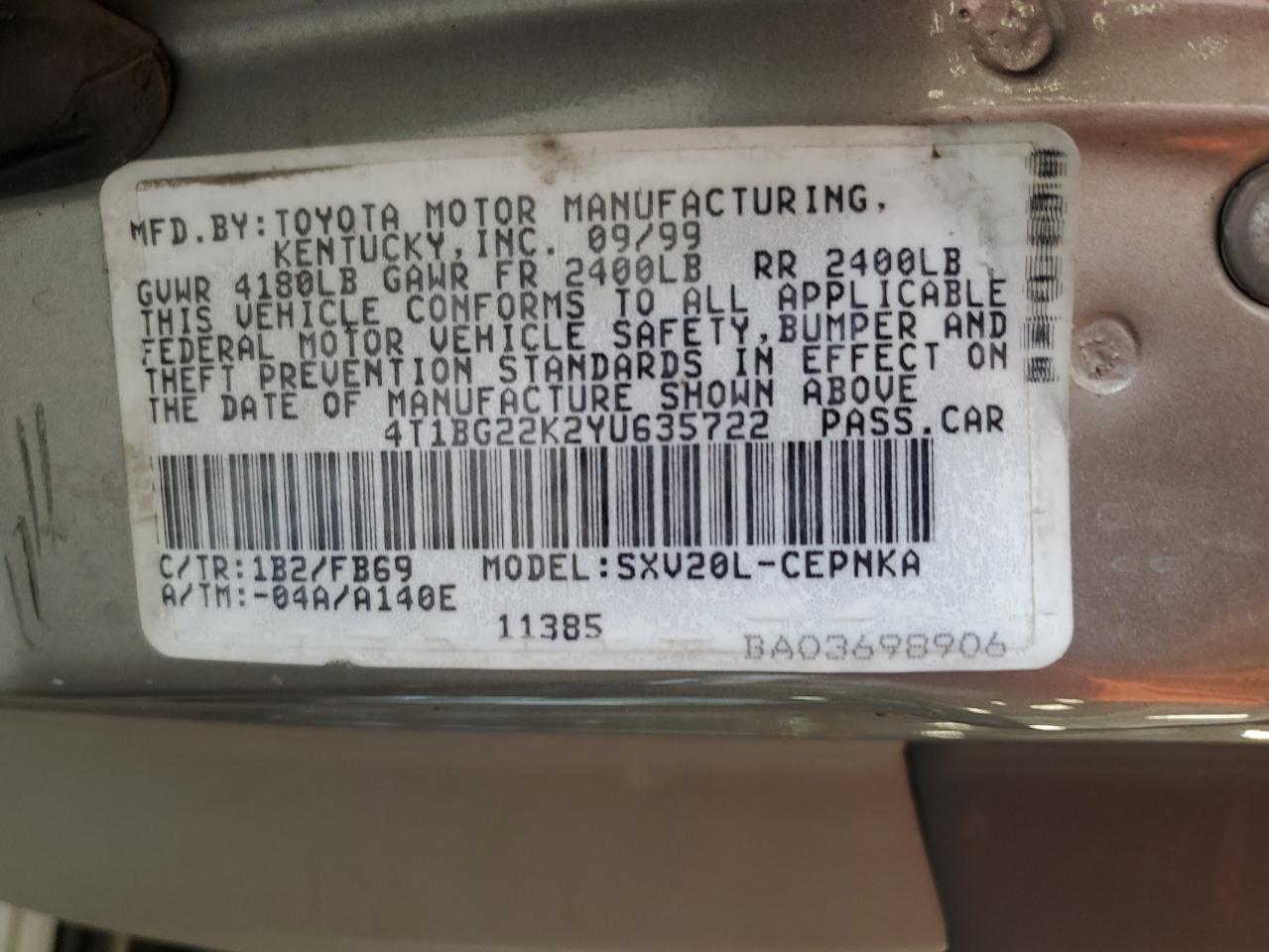 2000 Toyota Camry Ce VIN: 4T1BG22K2YU635722 Lot: 68538635