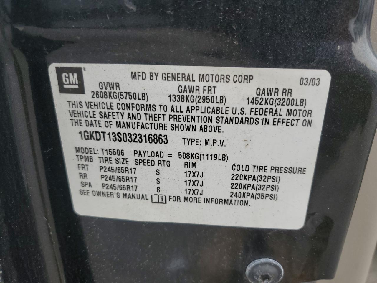 2003 GMC Envoy VIN: 1GKDT13S032316863 Lot: 67736785