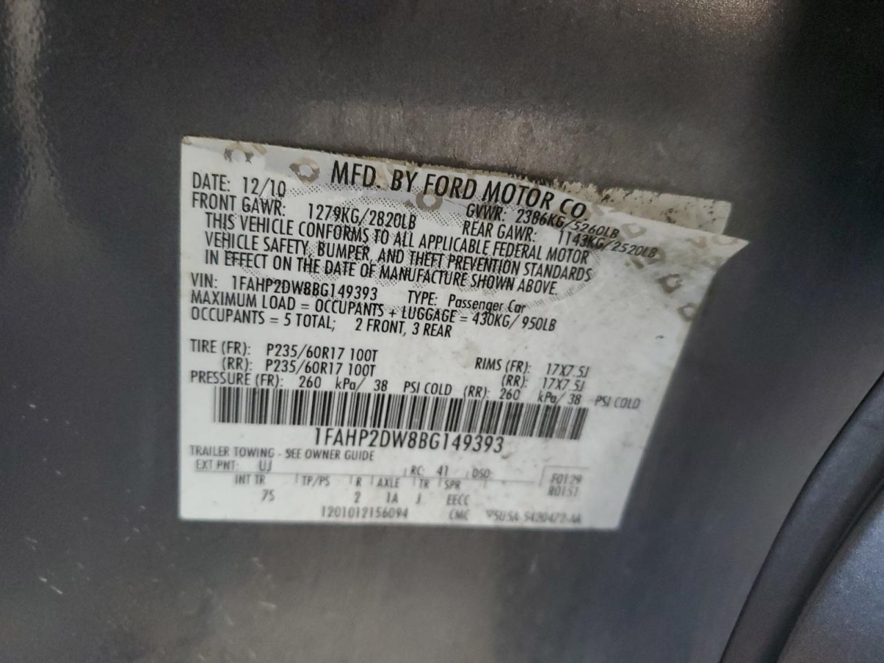 2011 Ford Taurus Se VIN: 1FAHP2DW8BG149393 Lot: 68378525