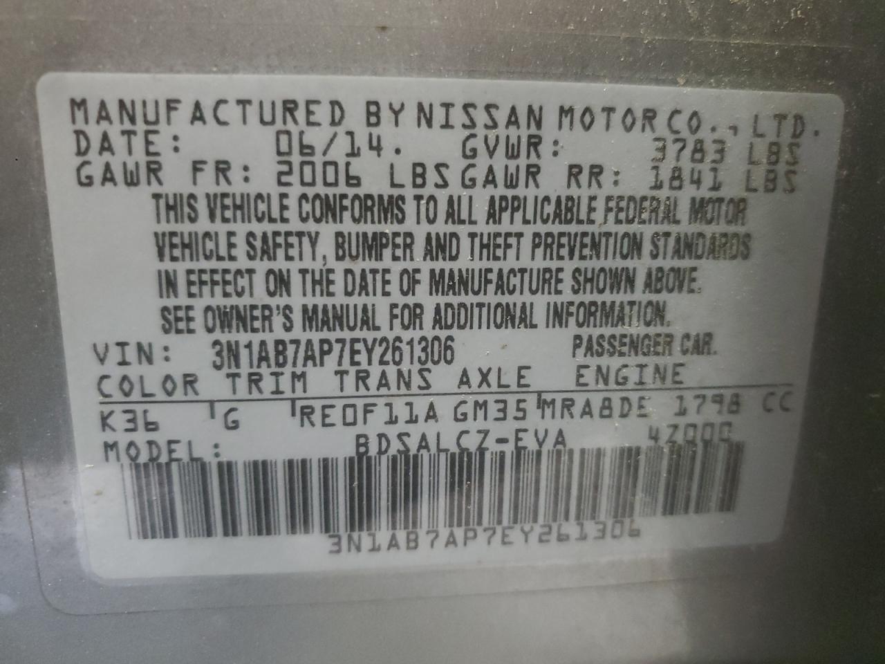 2014 Nissan Sentra S VIN: 3N1AB7AP7EY261306 Lot: 69504705