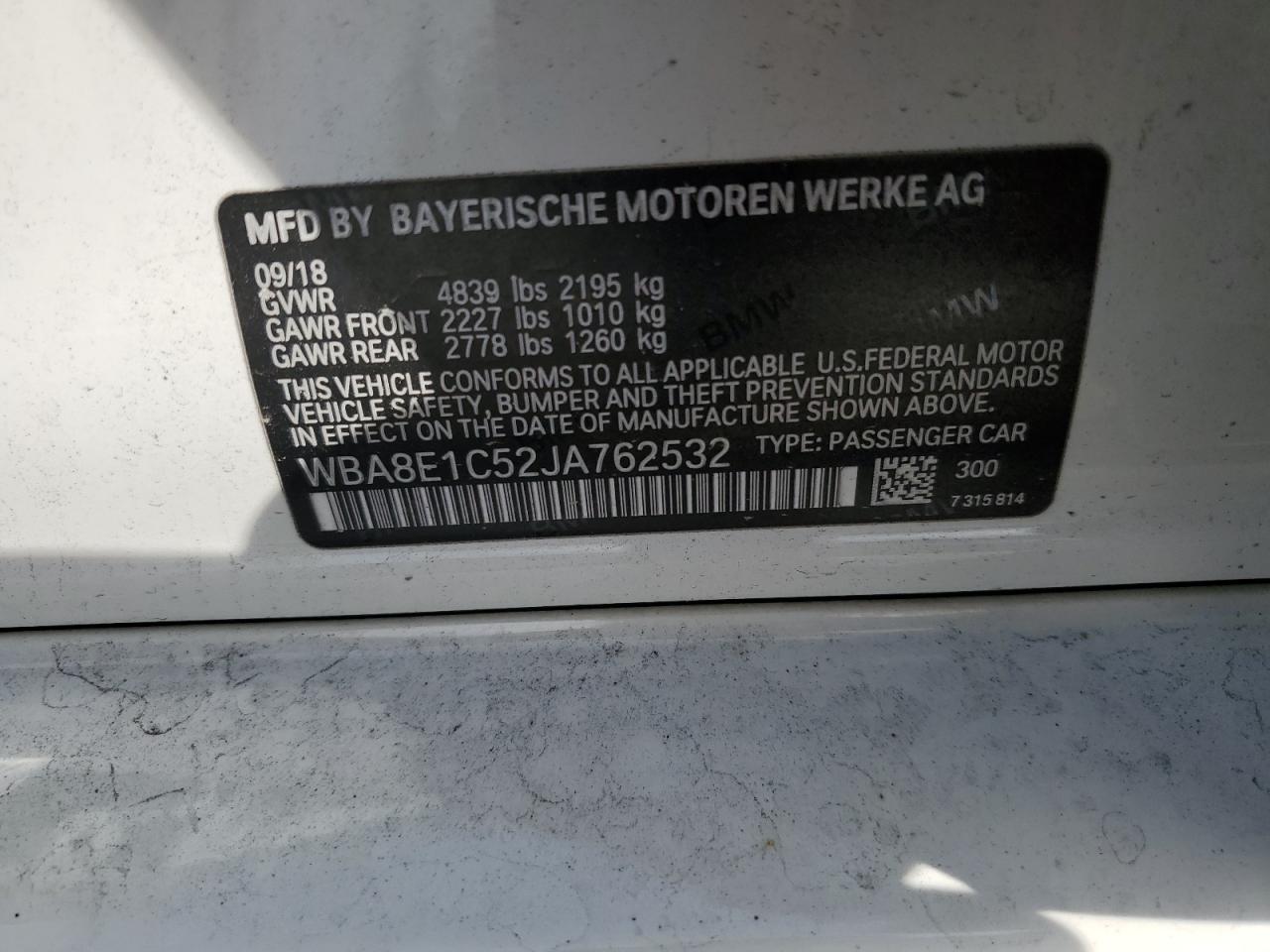 2018 BMW 330E VIN: WBA8E1C52JA762532 Lot: 69446865