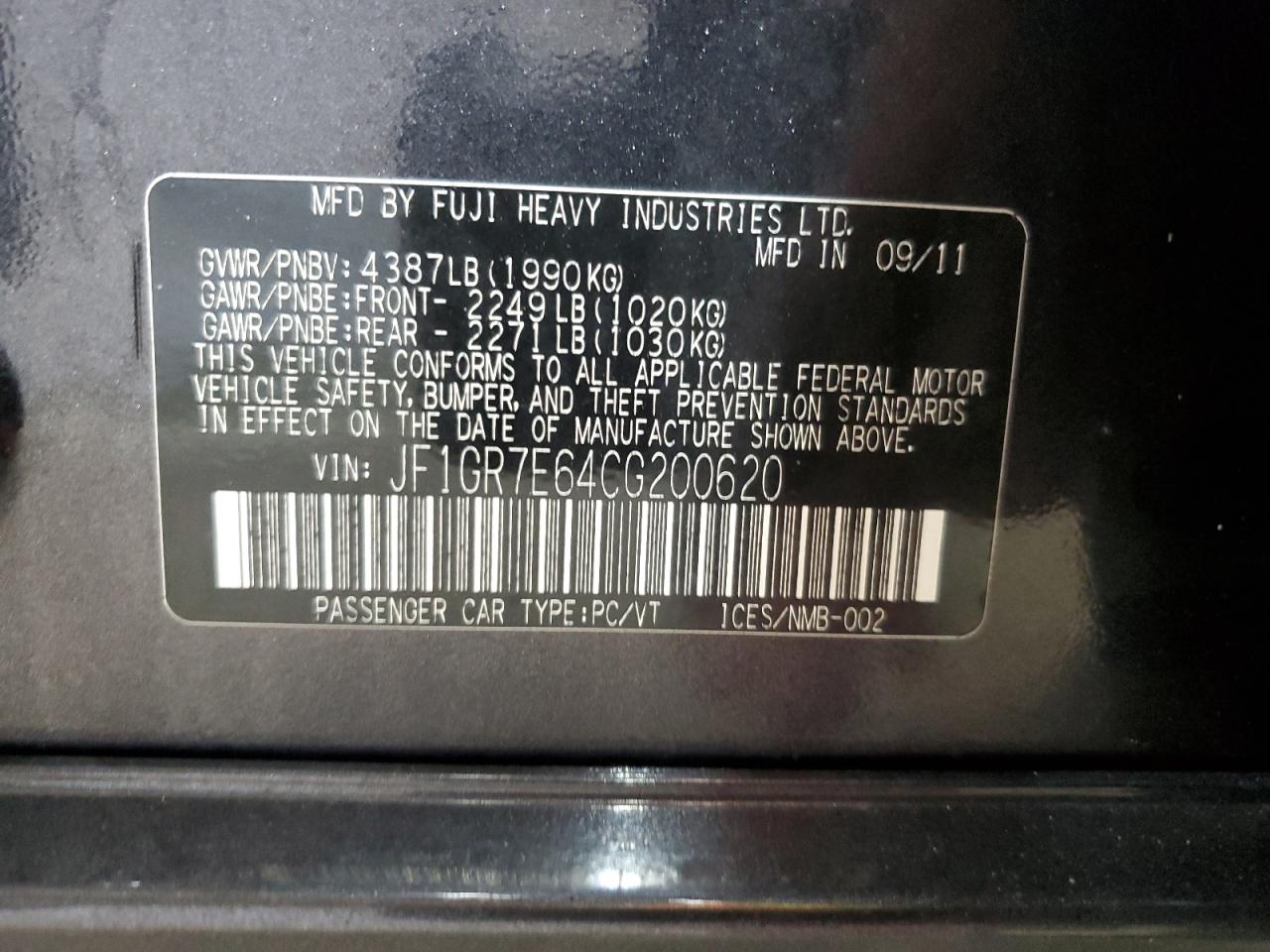 2012 Subaru Impreza Wrx VIN: JF1GR7E64CG200620 Lot: 69760645