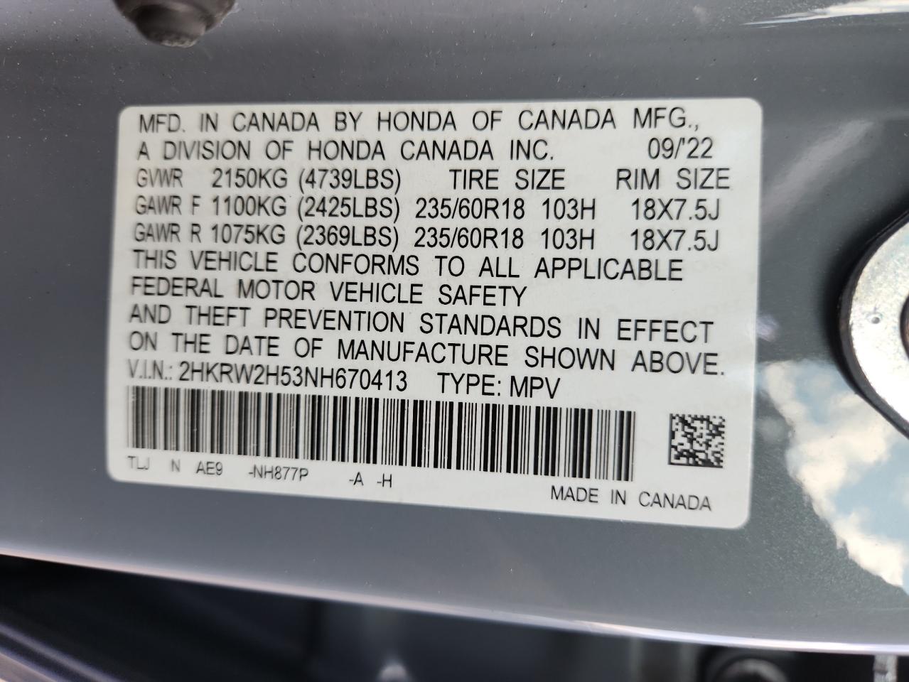 2022 Honda Cr-V Ex VIN: 2HKRW2H53NH670413 Lot: 69889875