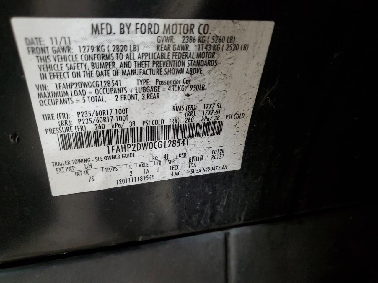 2012 Ford Taurus Se VIN: 1FAHP2DW0CG128541 Lot: 70633435