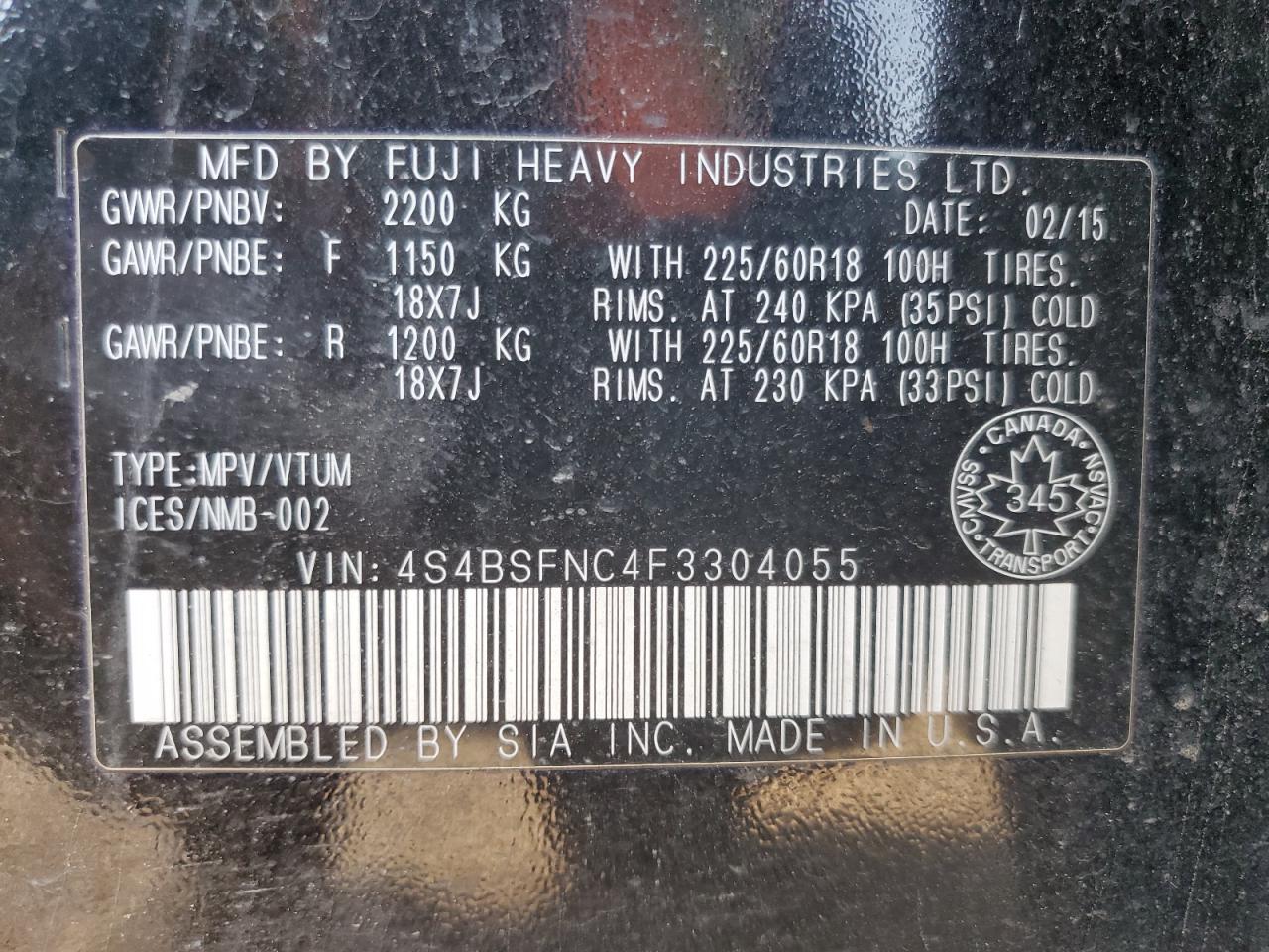 2015 Subaru Outback 3.6R Limited VIN: 4S4BSFNC4F3304055 Lot: 71034555