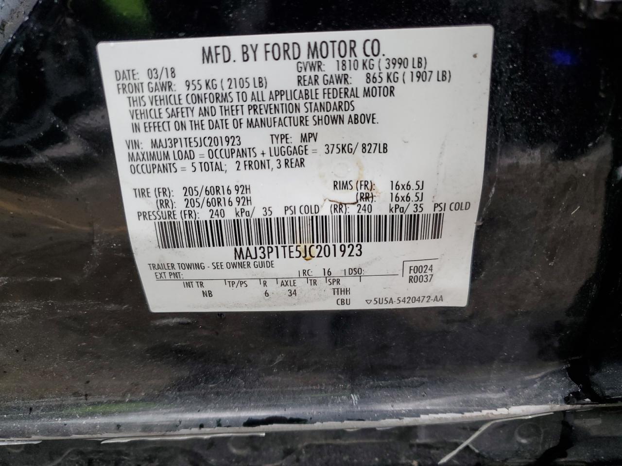 2018 Ford Ecosport Se VIN: MAJ3P1TE5JC201923 Lot: 70709035