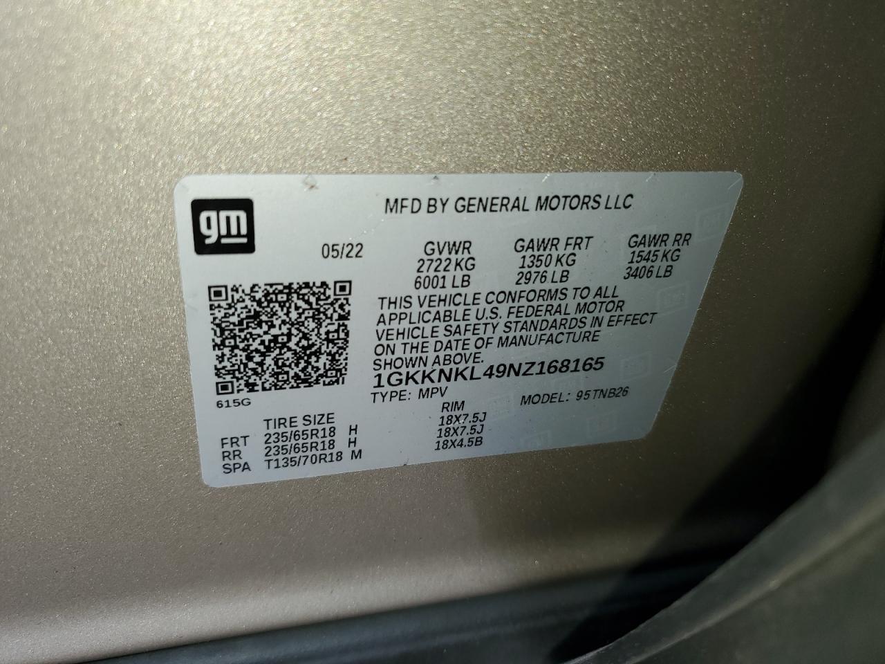 2022 GMC Acadia Sle VIN: 1GKKNKL49NZ168165 Lot: 68816145