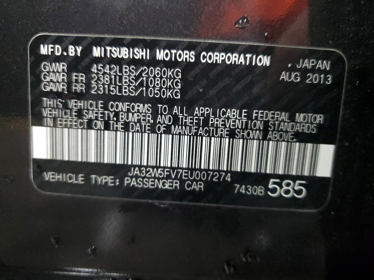 2014 Mitsubishi Lancer Evolution Mr VIN: JA32W5FV7EU007274 Lot: 70159245