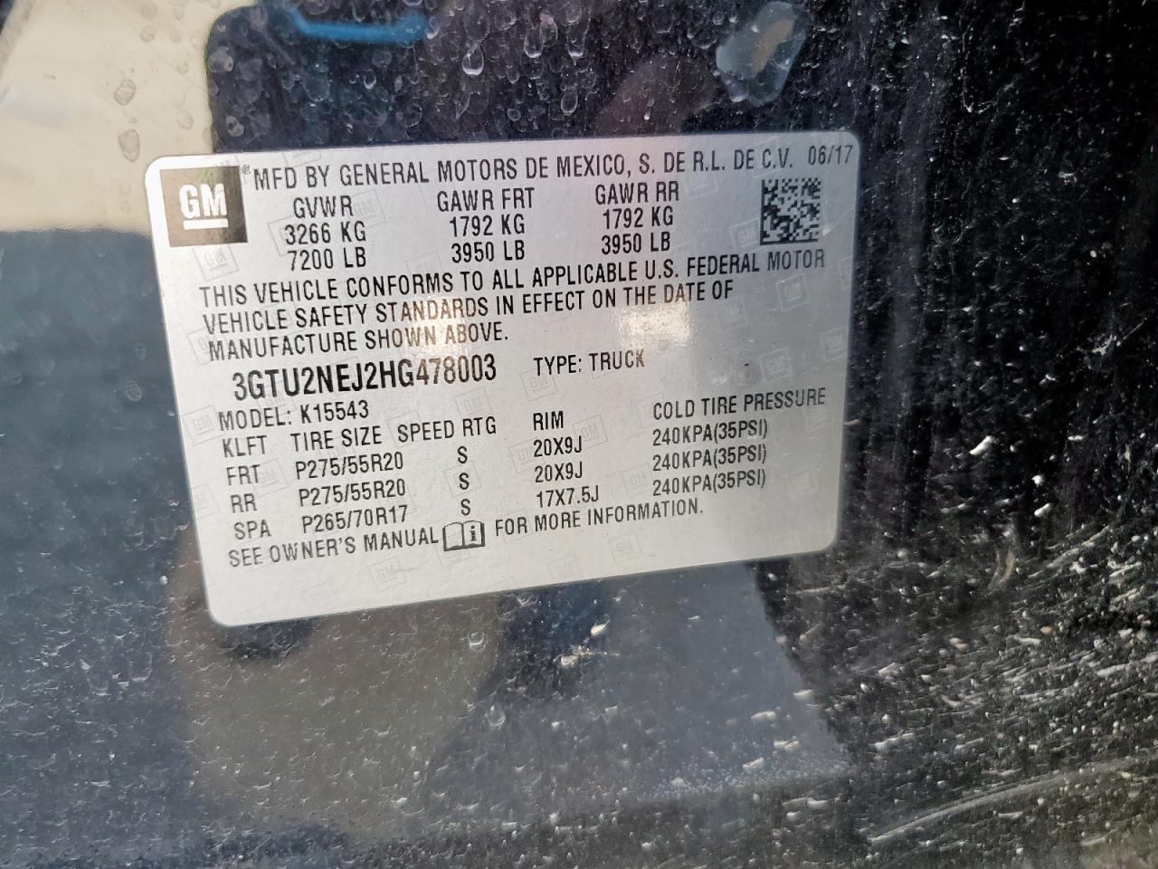 2017 GMC Sierra K1500 Slt VIN: 3GTU2NEJ2HG478003 Lot: 69778585