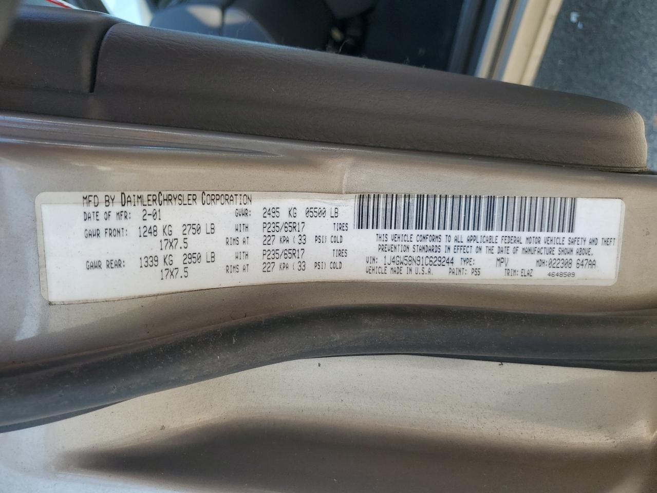 2001 Jeep Grand Cherokee Limited VIN: 1J4GW58N91C629244 Lot: 68683865