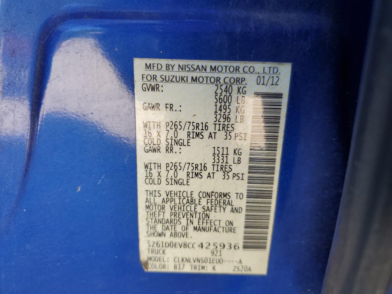 2012 Suzuki Equator Rmz-4 VIN: 5Z61D0EV8CC425936 Lot: 67116665