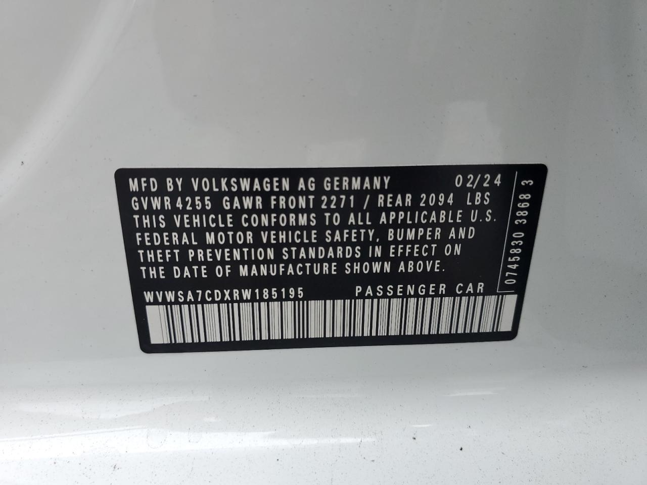 2024 Volkswagen Gti Se VIN: WVWSA7CDXRW185195 Lot: 67222985